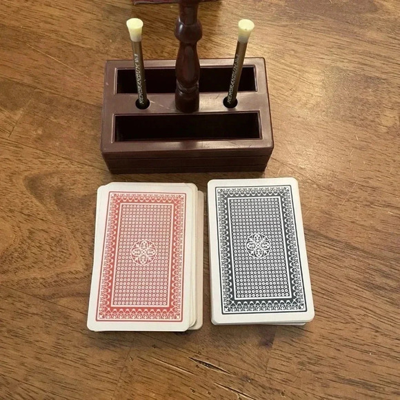 Vintage Bridge Caddy 2 Full Sets Of Cards 2 Unused Pencils Faux Wood Caddy - Picture 4 of 6